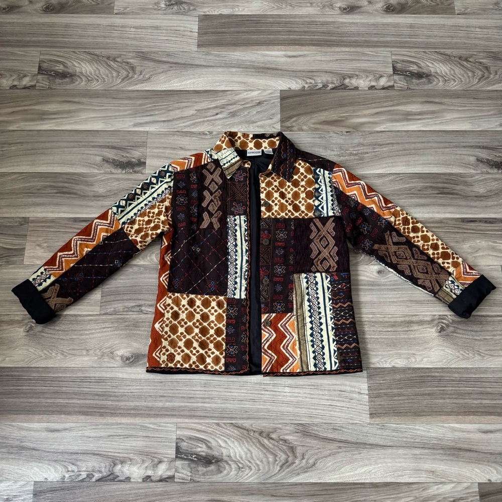 Chico's Brown Boho Patchwork Embroidered Button Down Jacket Size Small